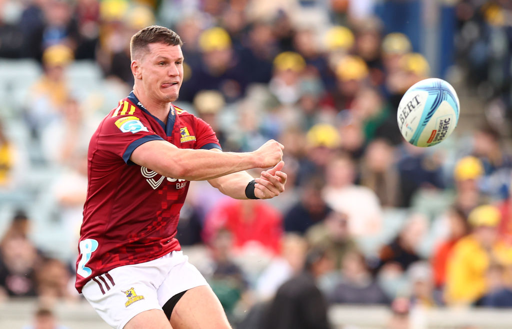 Highlanders first five Freddie Burns passes during his team’s Super Rugby Pacific game against...