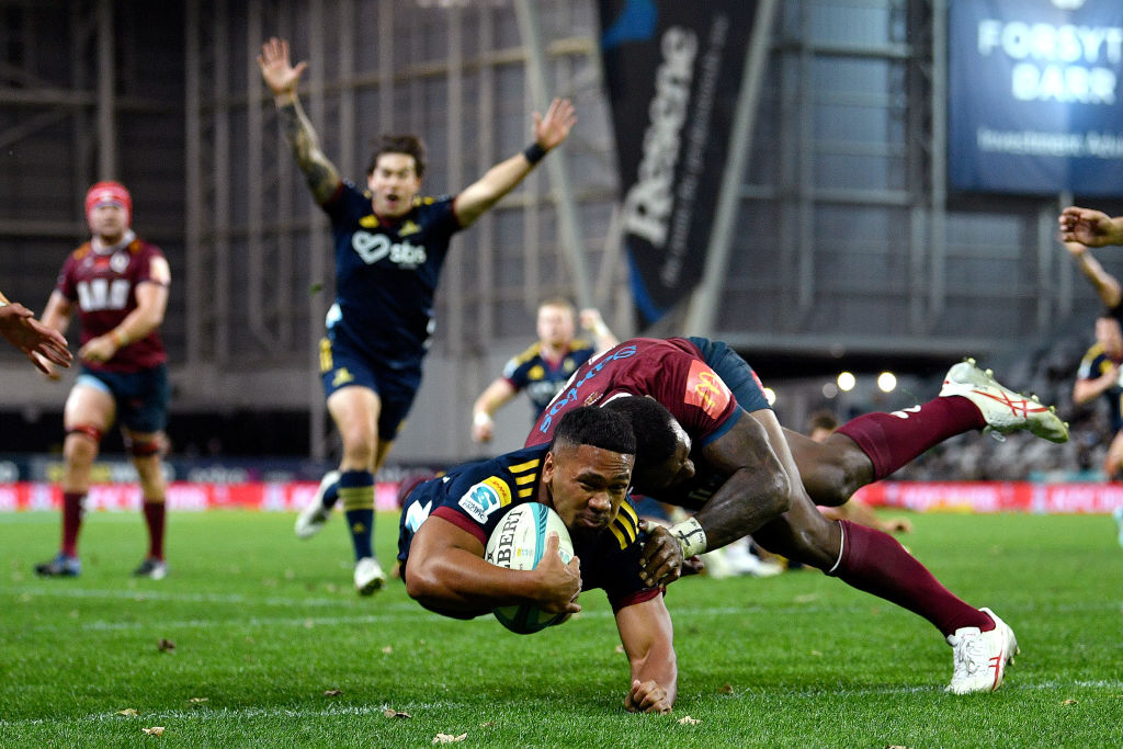 Folau Fakatava scores the match-winning try against the Reds at Forsyth Barr Stadium tonight....