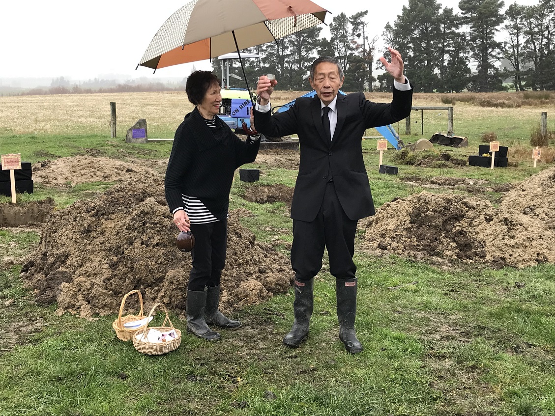 Maisie and Les Wong of Dunedin lead the Chinese funeral ceremony in Cantonese traditions, at...