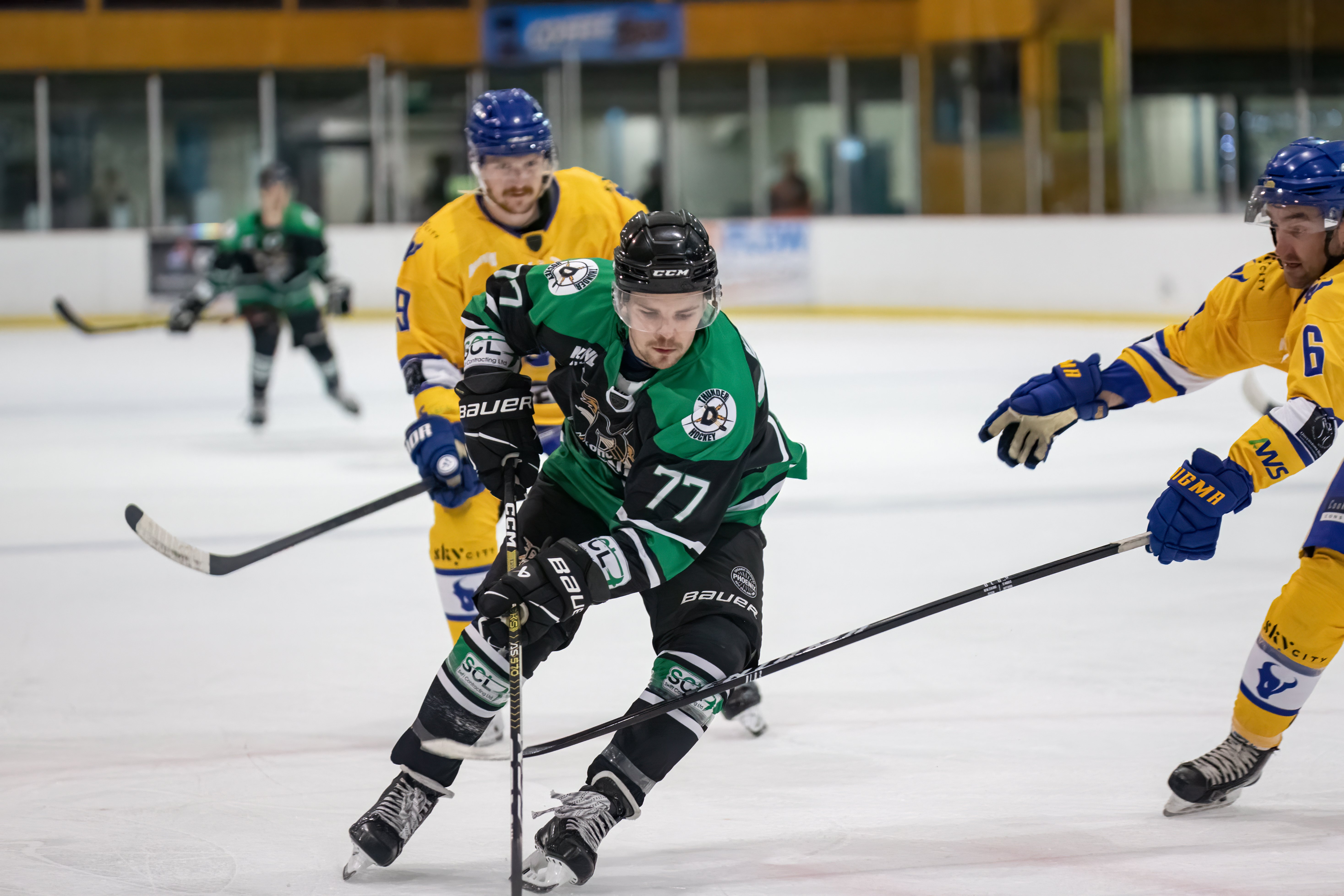 Dunedin Thunder import Ryan Wonfor looks for a way past the Stampede defence at Dunedin Ice...