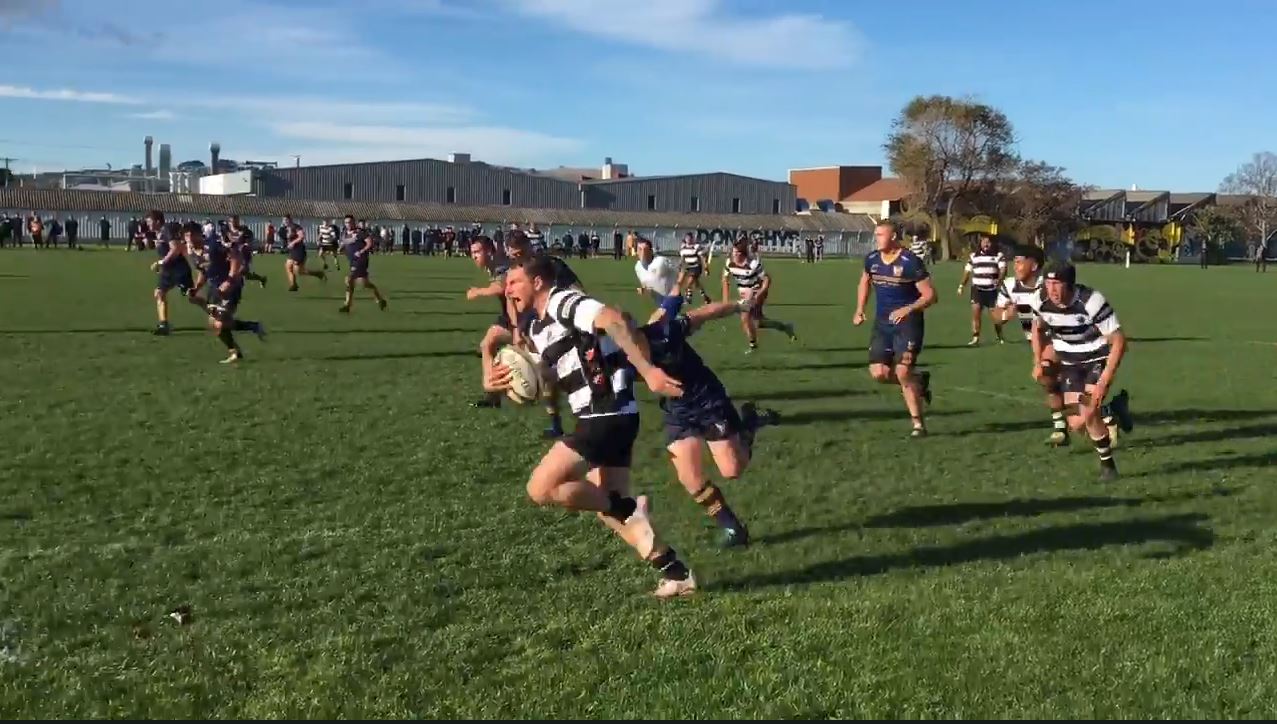 Josh Buchan intercepts to score the opening try for Southern against Dunedin at Bathgate Park...