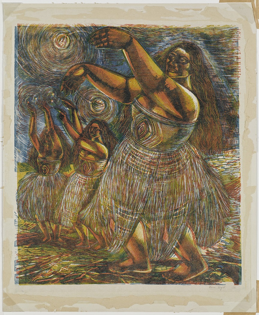 Maori Poi, 1960, woodcut on paper, Mona Edgar Collection. Hocken Collections Uare Taoka o Hākena,...