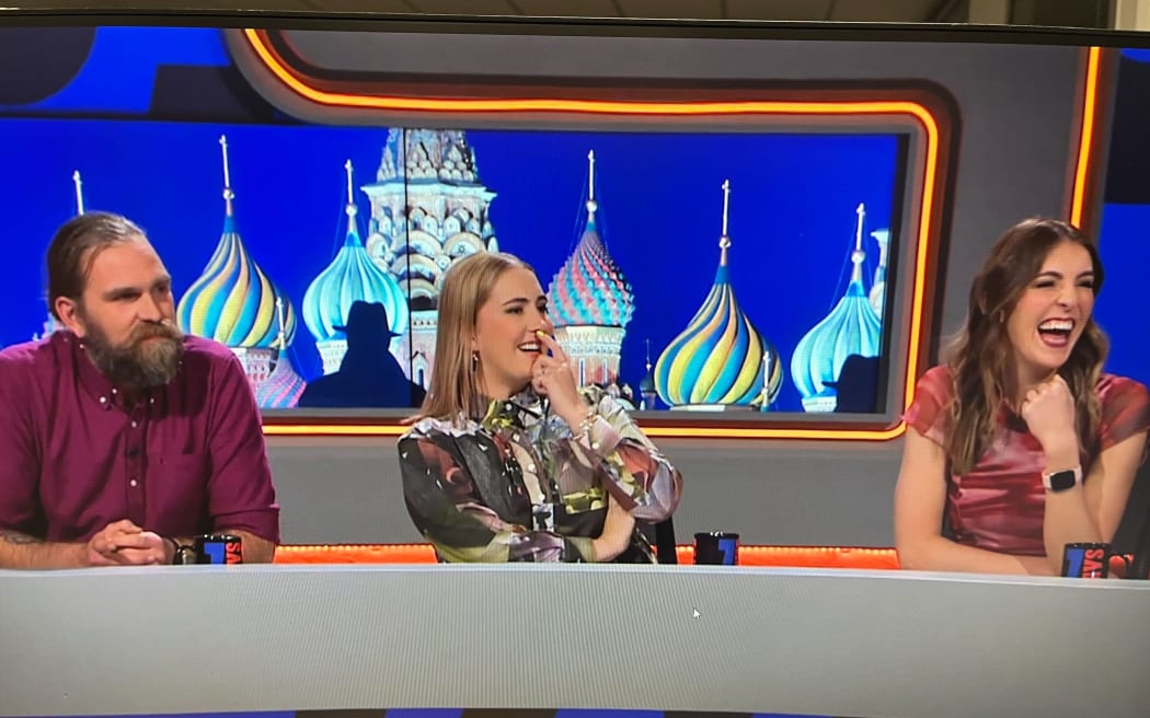 7 Days' comedians have a laugh at RNZ against the backdrop of the Kremlin in last Thursday night...