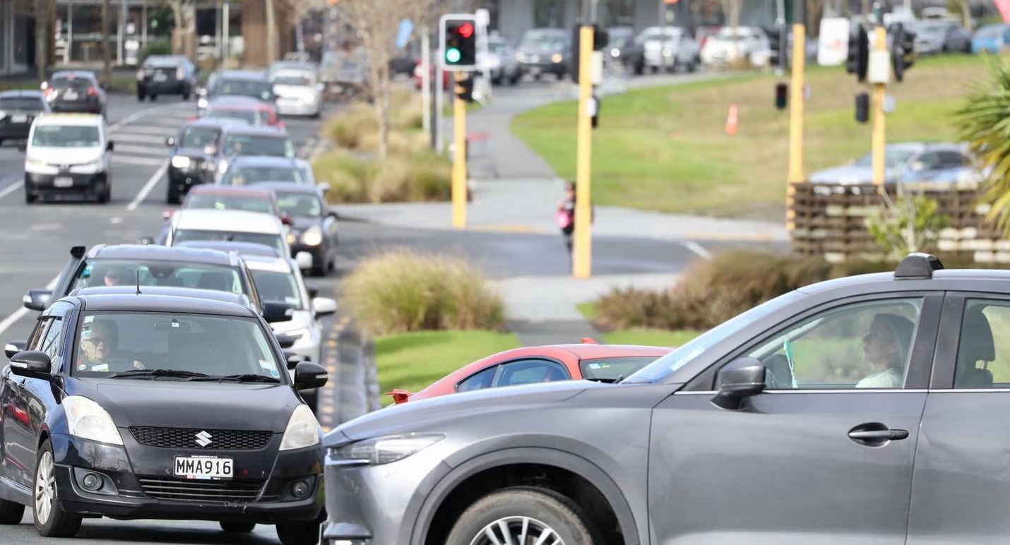 Cars clog up streets around Westgate in Auckland this morning as motorists rush to get petrol...