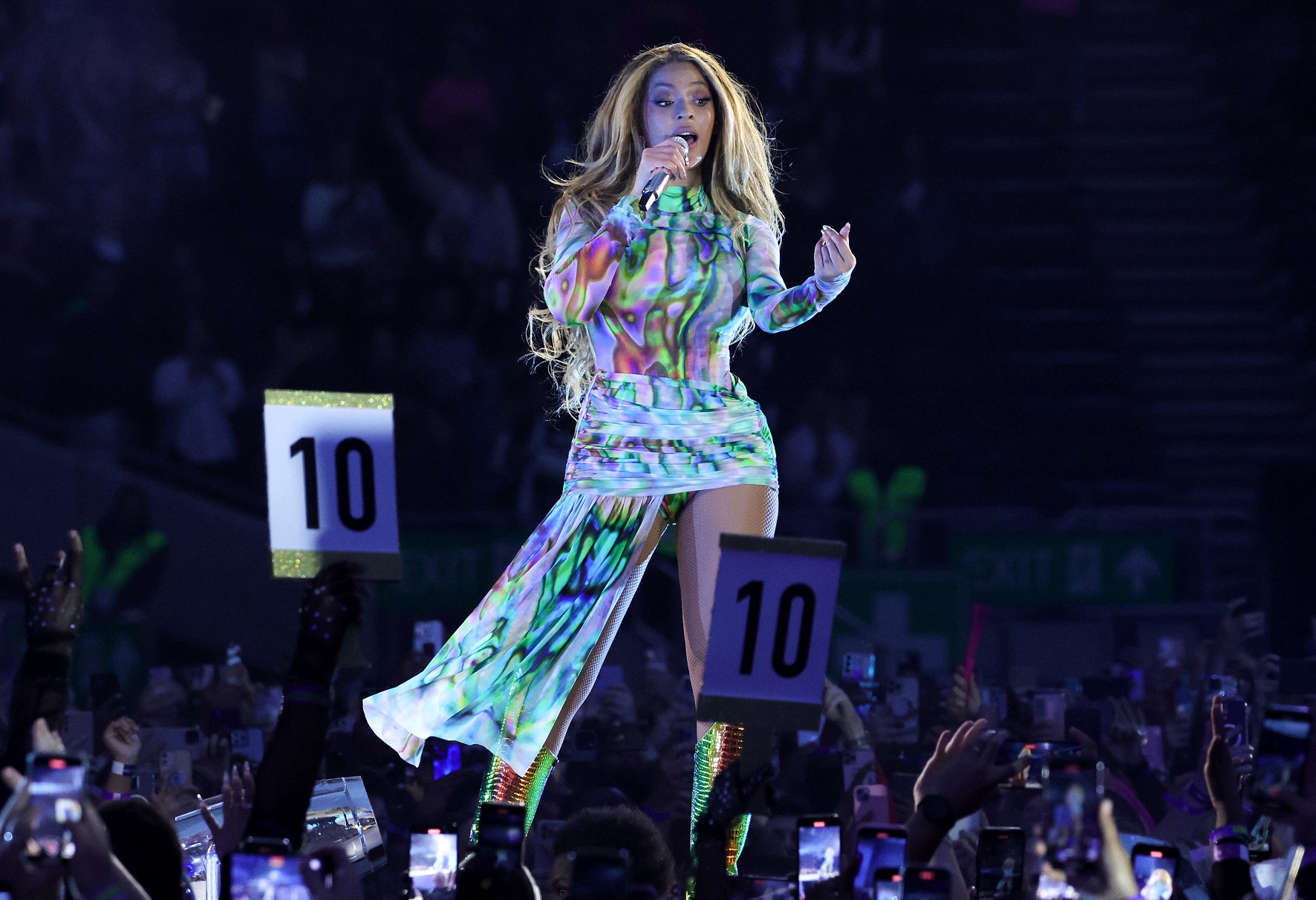 Beyonce performs in an outfit by Loewe.