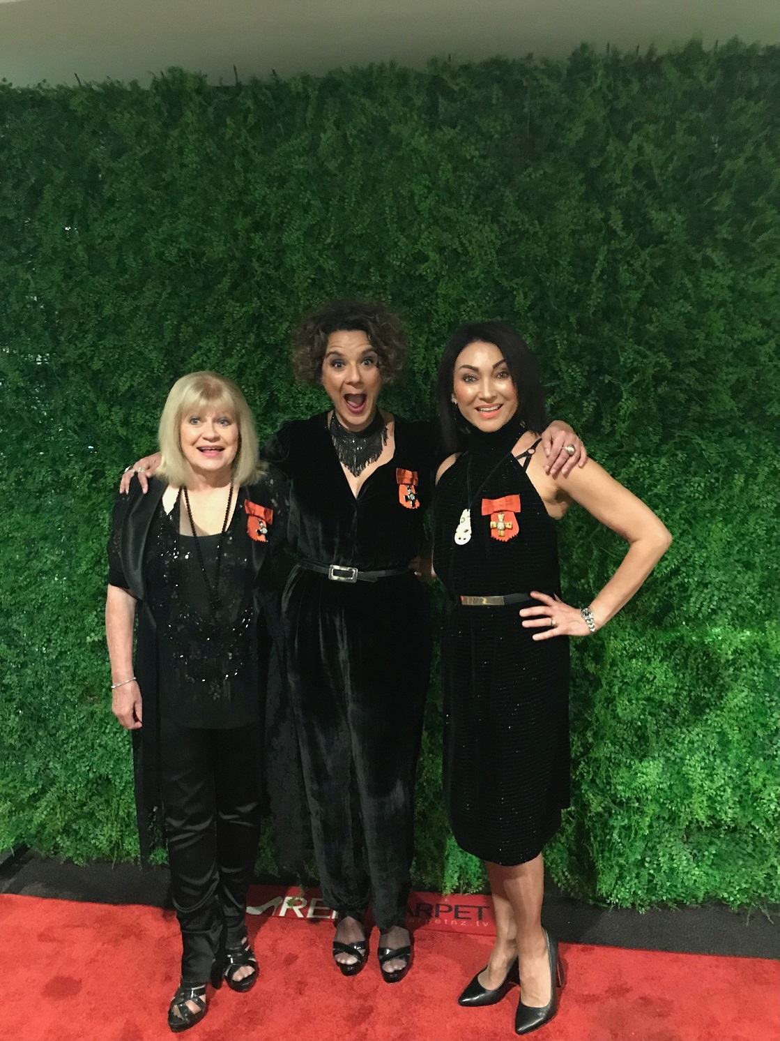 The Ladykillers — Suzanne Lynch, Jackie Clarke and Tina Cross — at an awards night, all wearing...