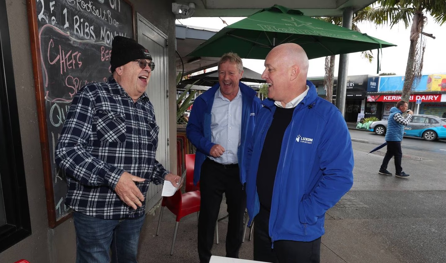 John Maurice from Kaikohe shares a laugh with Grant McCallum and Chris Luxon during their...