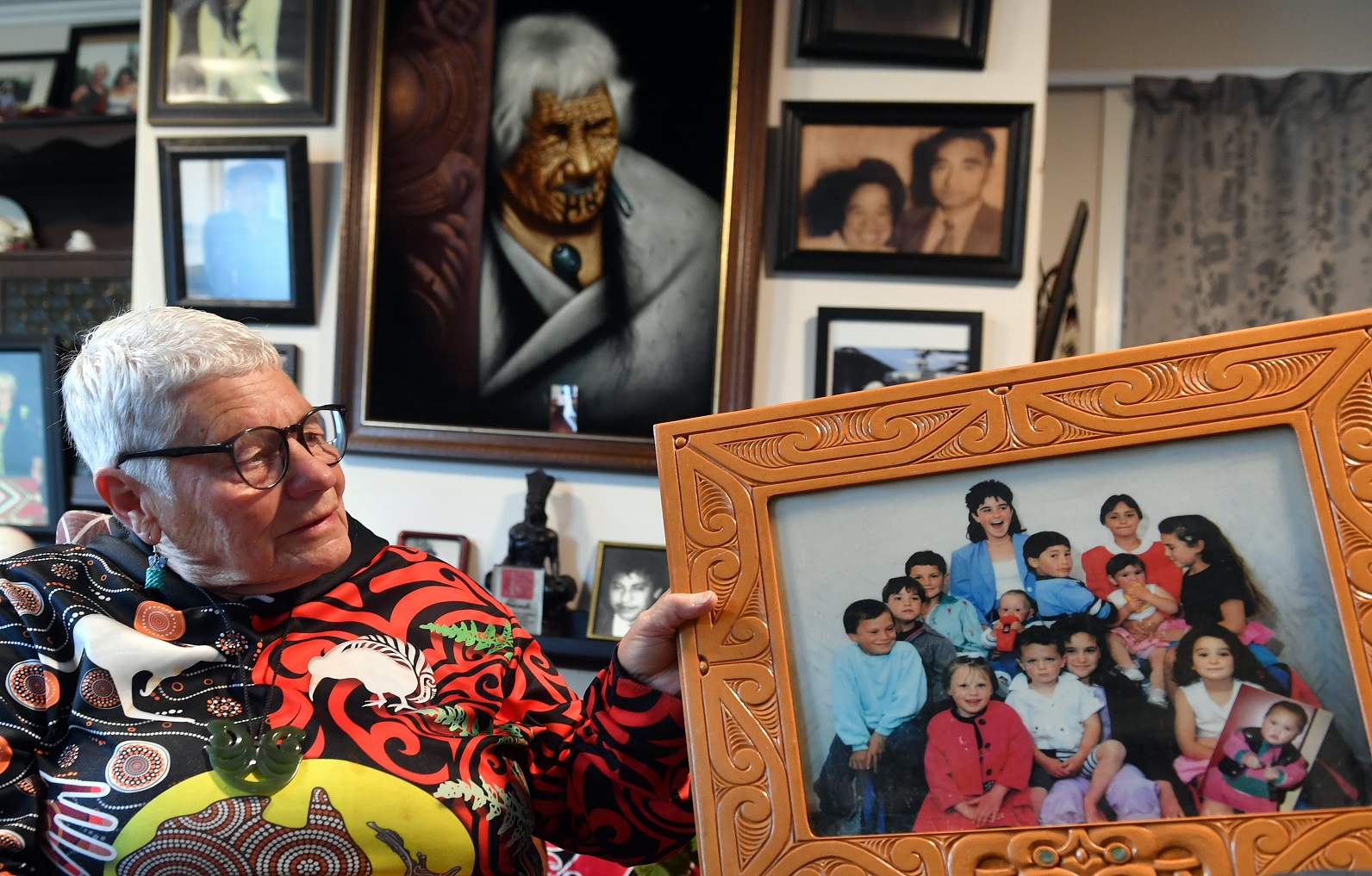 Octogenarian Mere Parata proudly displays her biological grandchildren. Photo: Stephen Jaquiery