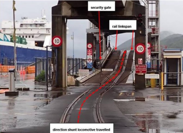 The shunt and wagon travelled up the rail linkspan before falling into the harbour. Photo: Supplied