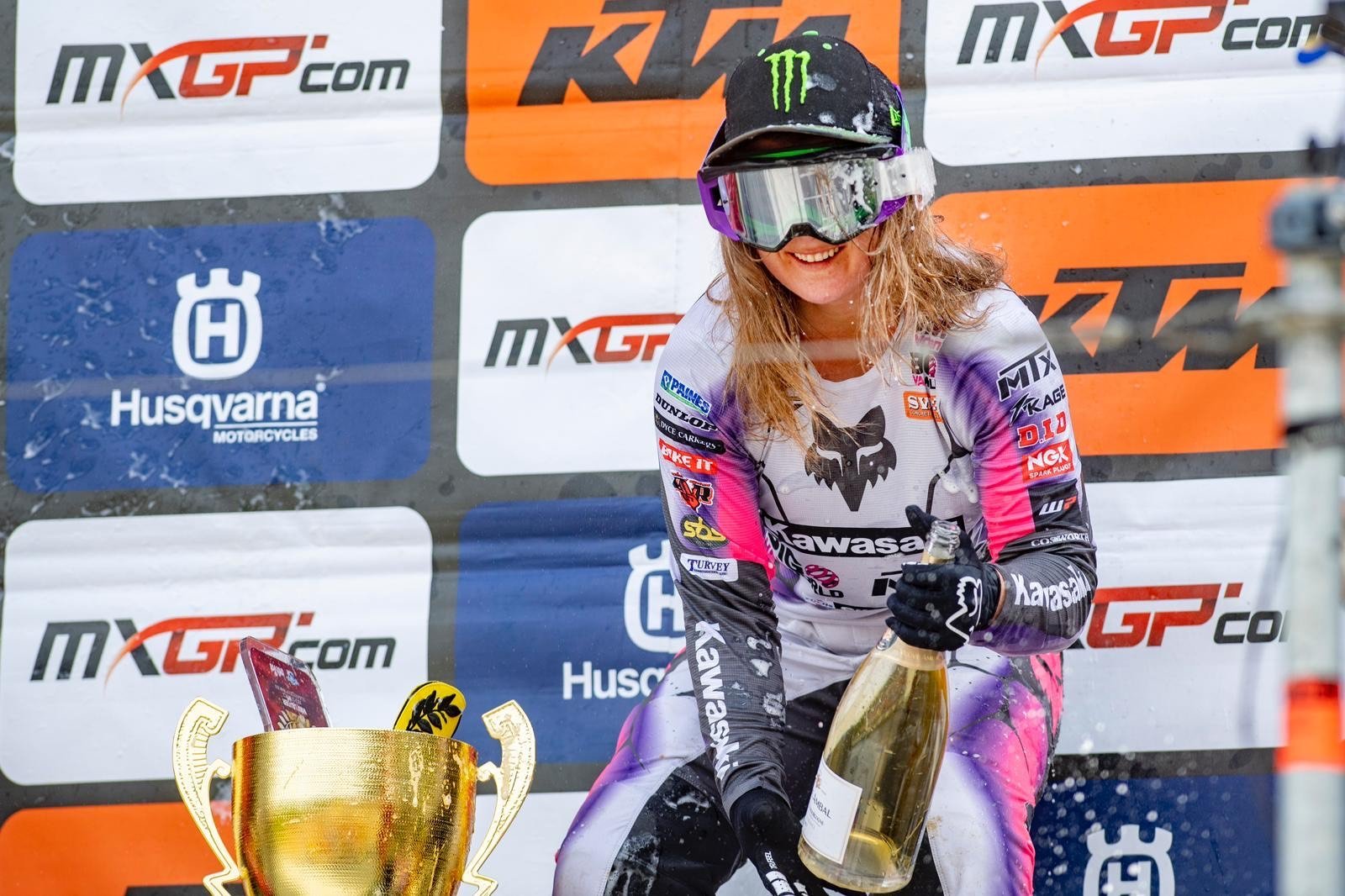 Courtney Duncan celebrates her 22nd win in the Women’s Motocross Championship at the grand prix...