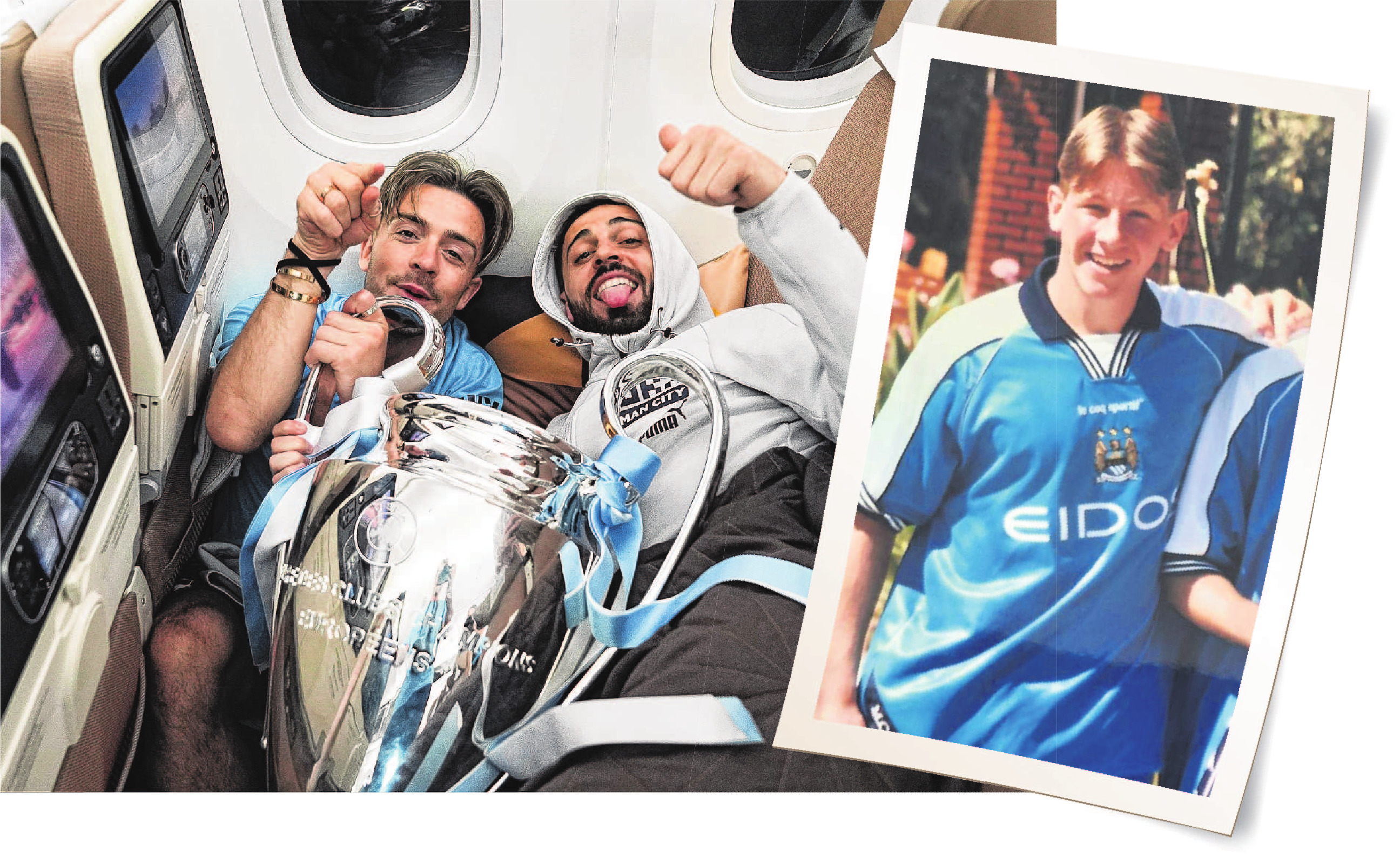 Manchester City footballers Jack Grealish (left) and Bernardo Silva celebrate their Champions...