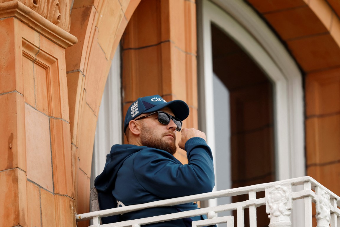 England coach Brendon McCullum watches play in the second Ashes test from the balcony at Lord's. Photo: Reuters