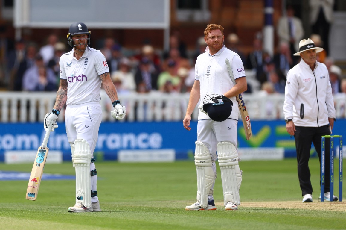 England's Ben Stokes (L) and Jonny Bairstow react after the dismissal. Photo: Reuters