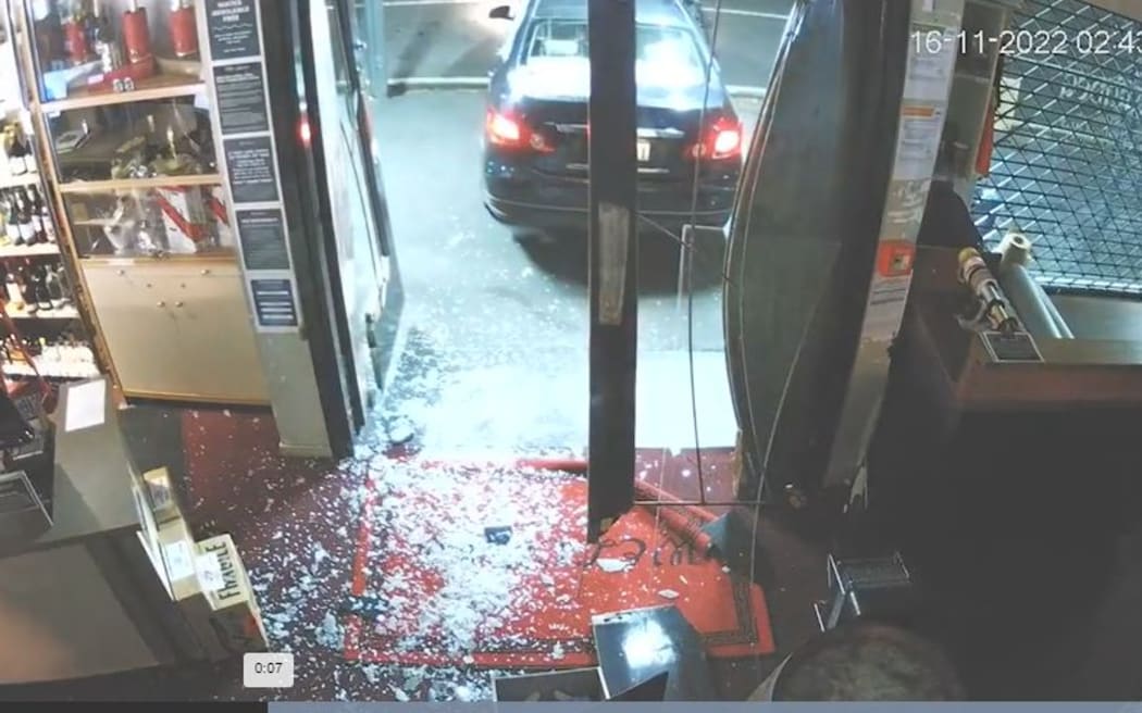 A CCTV picture showing the aftermath of a ram raid at a branch of Glengarry Wines in Auckland....