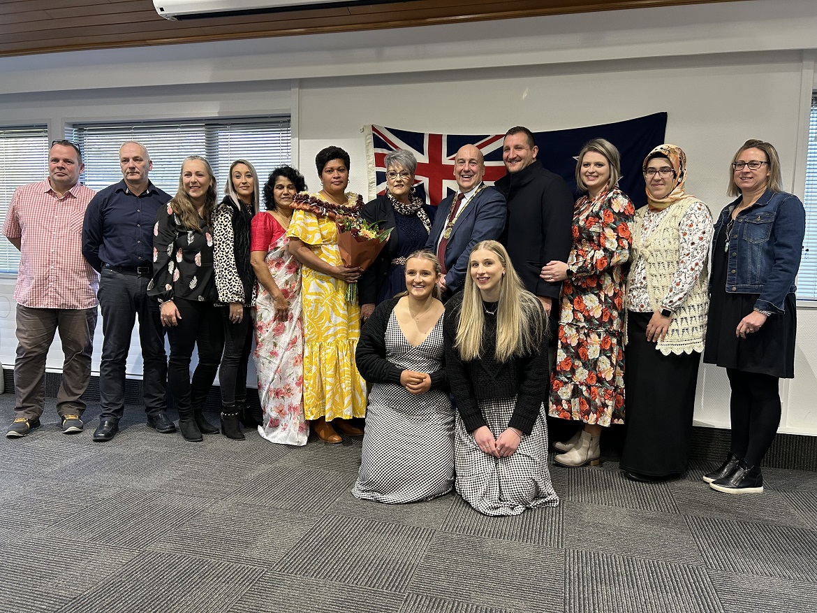 Celebrating NZ citizenship after a ceremony in Alexandra last week are (back from left) Paul...