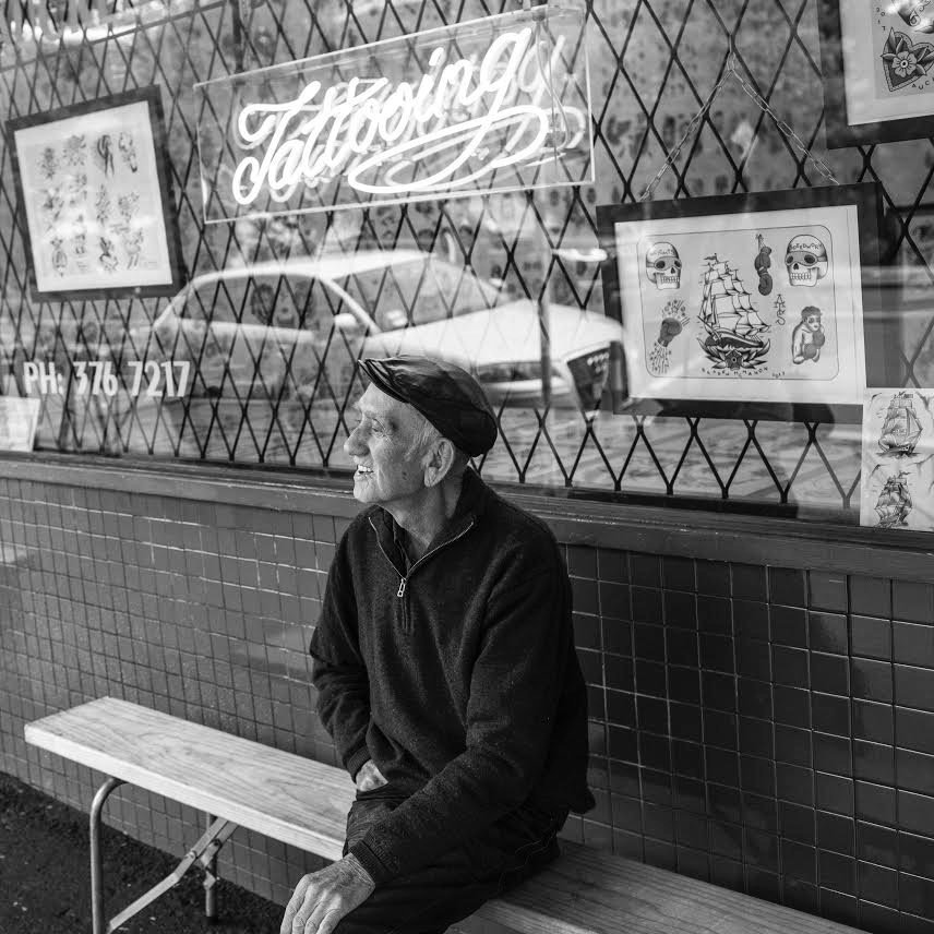 Colleen’s dad Merv O’Connor outside the Auckland Tattoo Studio, 64 Ponsonby Rd, Ponsonby,...