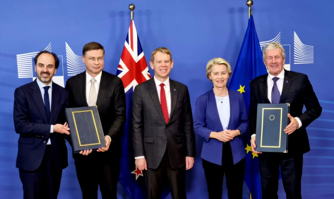 European Commission Vice President Valdis Dombrovskis, second left, Prime Minister Chris Hipkins,...