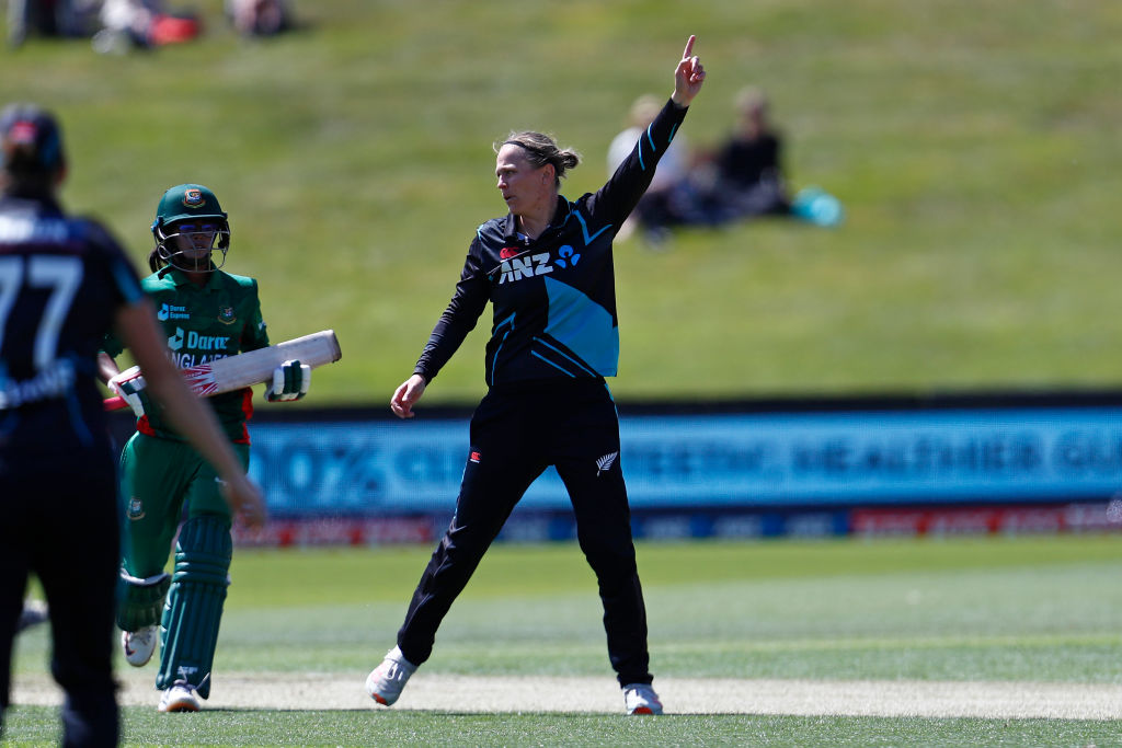 White Fern Lea Tahuhu celebrates the wicket of Bangladesh's Murshida Khatun at John Davies Oval...