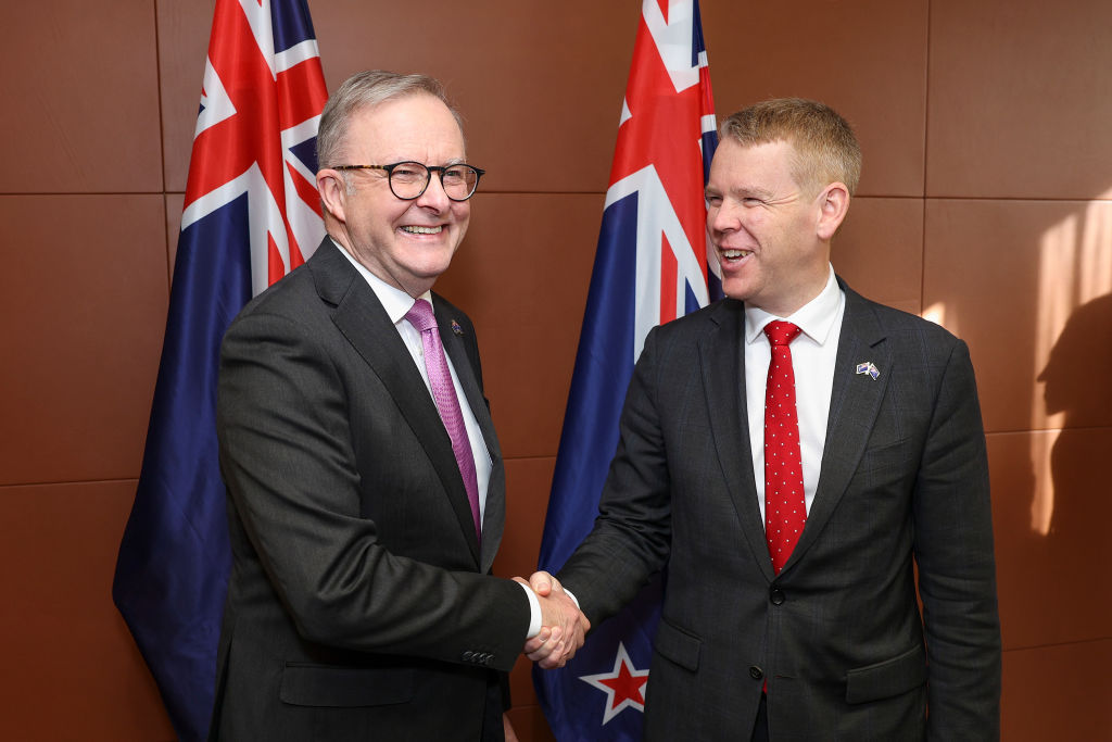 Australian Prime Minister Anthony Albanese (L) and New Zealand Prime Minister Chris Hipkins shake hands during a bilateral meeting at Parliament in Wellington. Photo: Getty