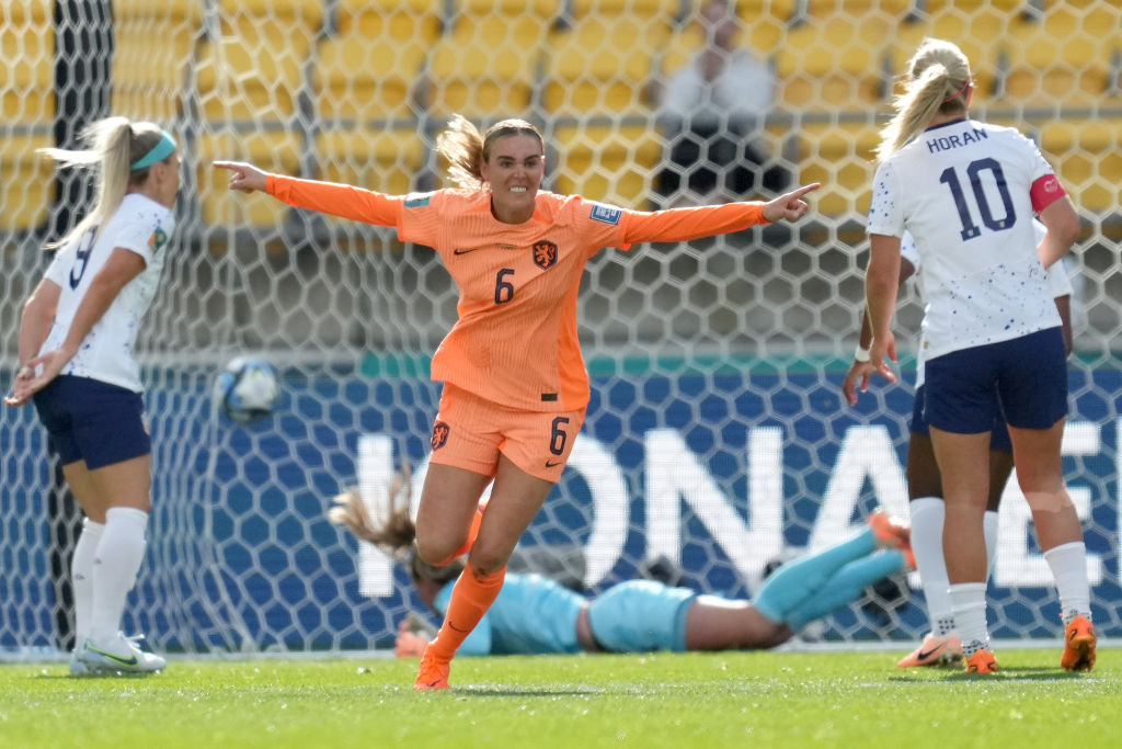 Jill Roord celebrates scoring Netherland's goal against the US on Thursday. Photo: Robin Alam...