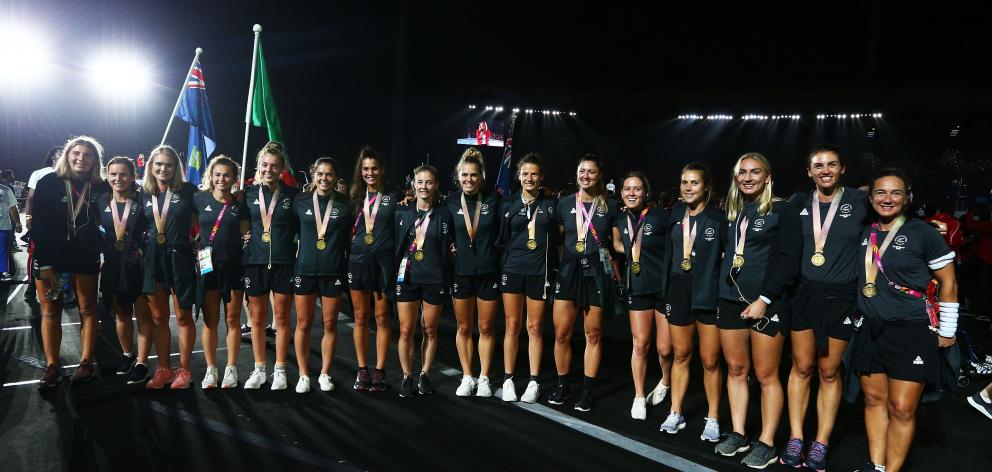 New Zealand medallists pose for a photo during the closing ceremony for the 2018 Commonwealth...