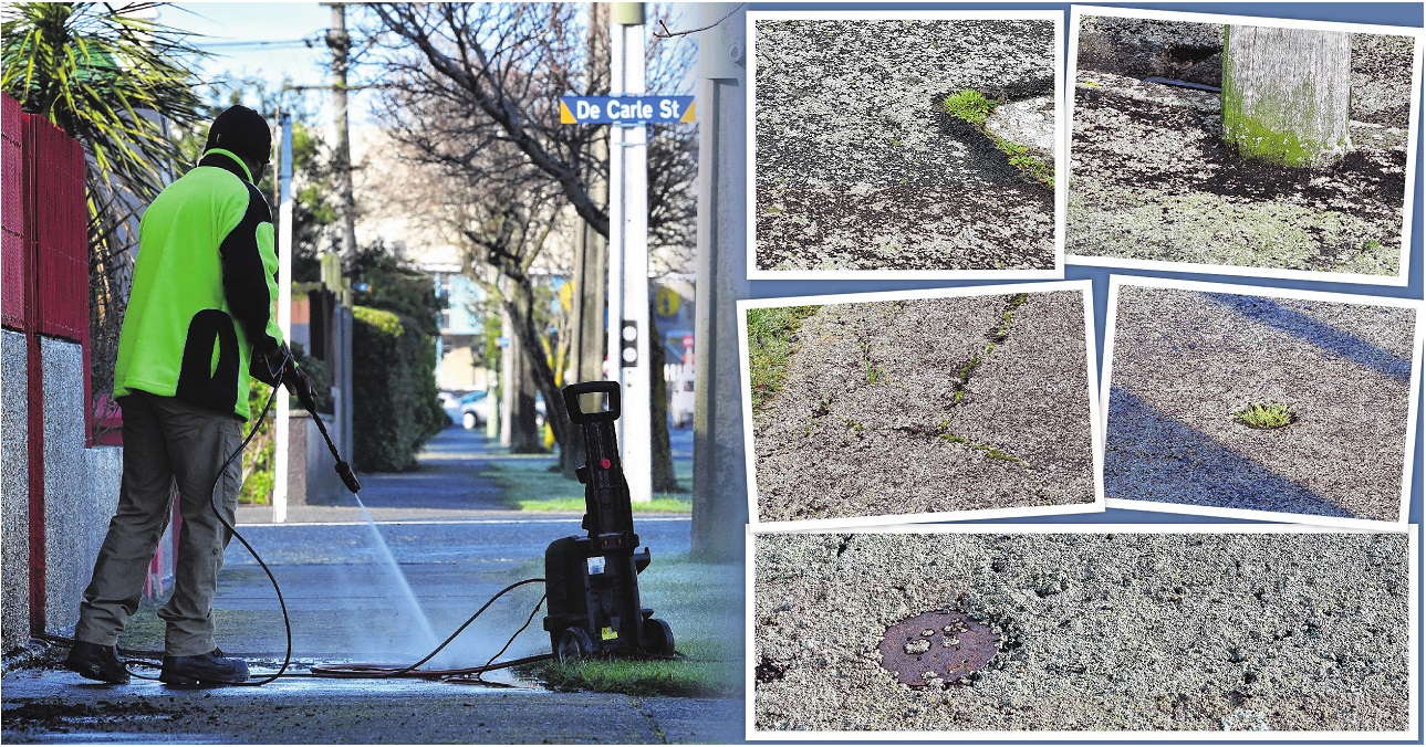 A resident cleans the lichen-covered footpath outside his house in Bird St, St Kilda. Photo:...