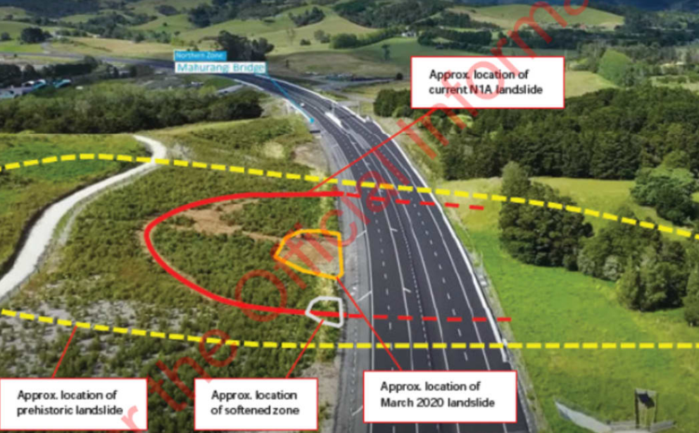 The landslide area shown in a Waka Kotahi/NZTA report, marked onto drone image of the Pūhoi to...