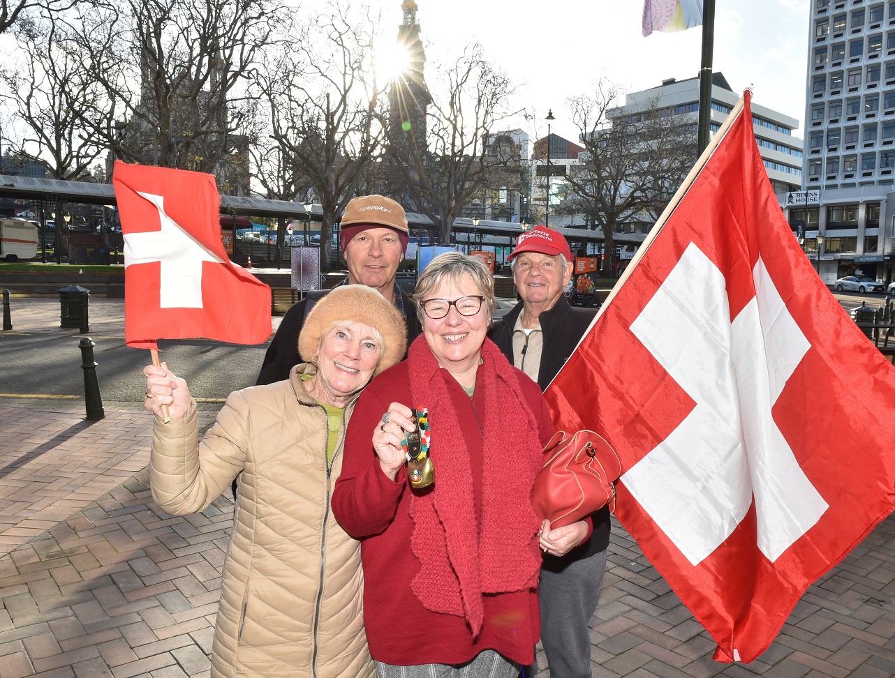 Excited Swiss fans (clockwise from front left) Liz Eberle, of Auckland, Beat Gasser, of Napier,...