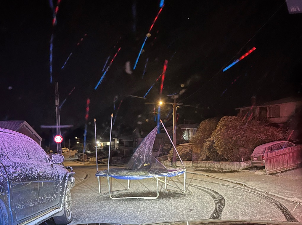 A trampoline appears out of place on a Brockville road in Dunedin early this morning. PHOTO:...