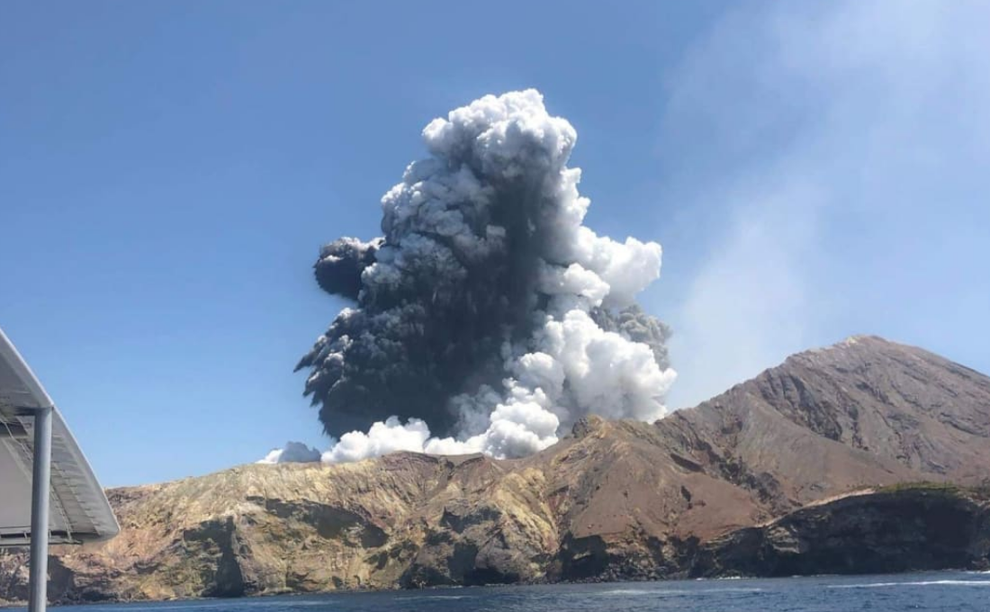 The Whakaari eruption as seen from a tourist boat in December 2019. Photo: Supplied / Lillani...