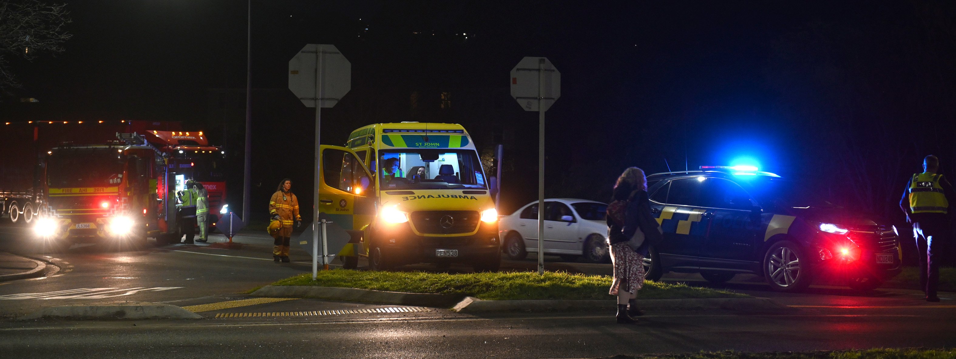 Emergency services attend a two-car accident at the intersection of Great King St and Pine Hill...