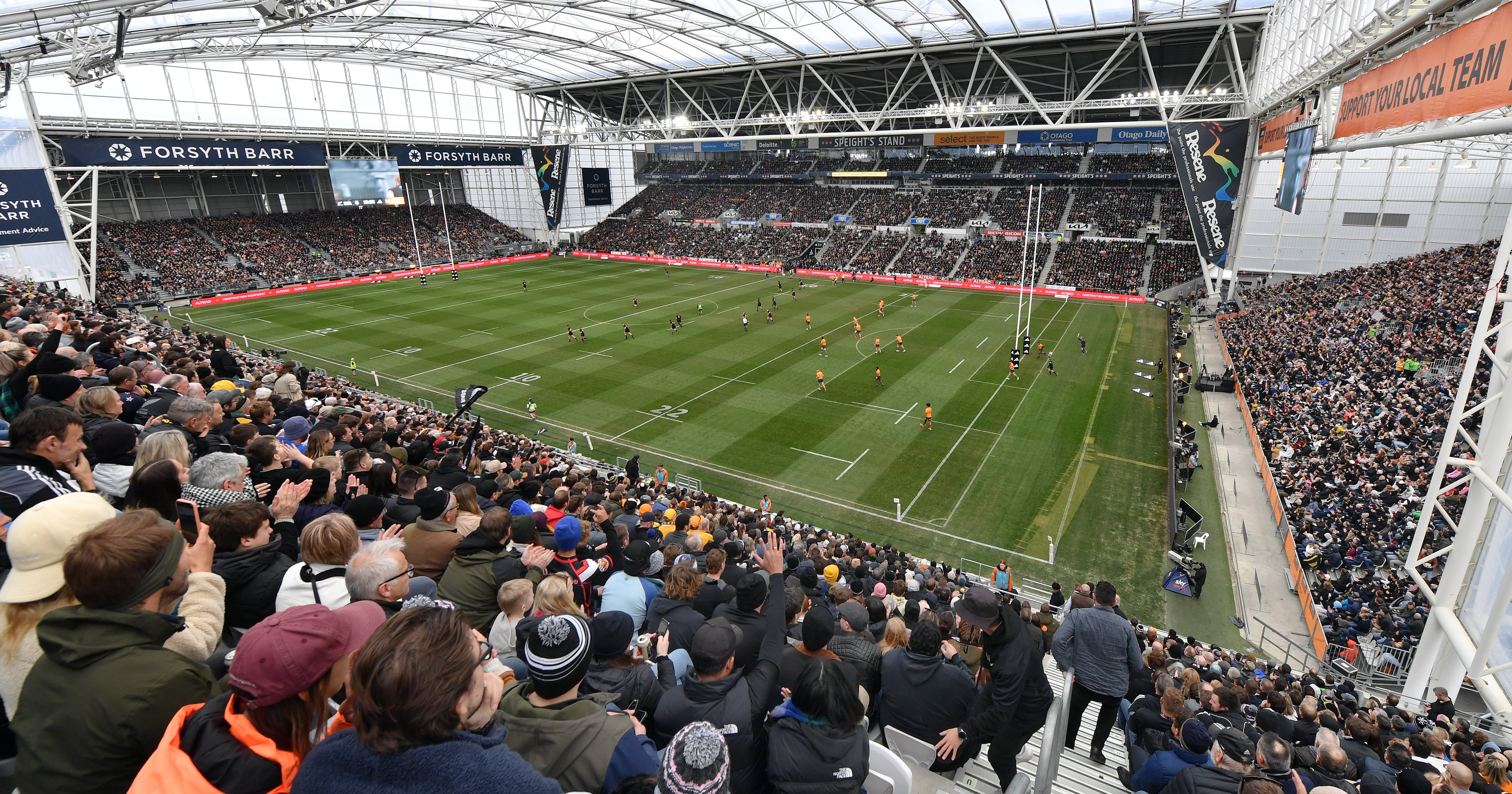 A capacity crowd watches the second and final Bledisloe Cup match at Forsyth Barr Stadium on...