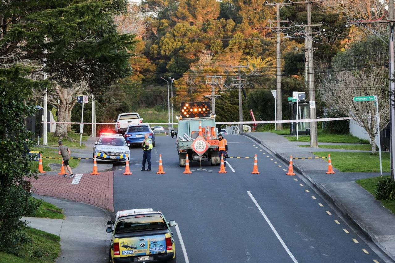 Police cordon on Tauhnu Rd in Greenhithe after a Hiab truck hit a powerline, killing Wesley...