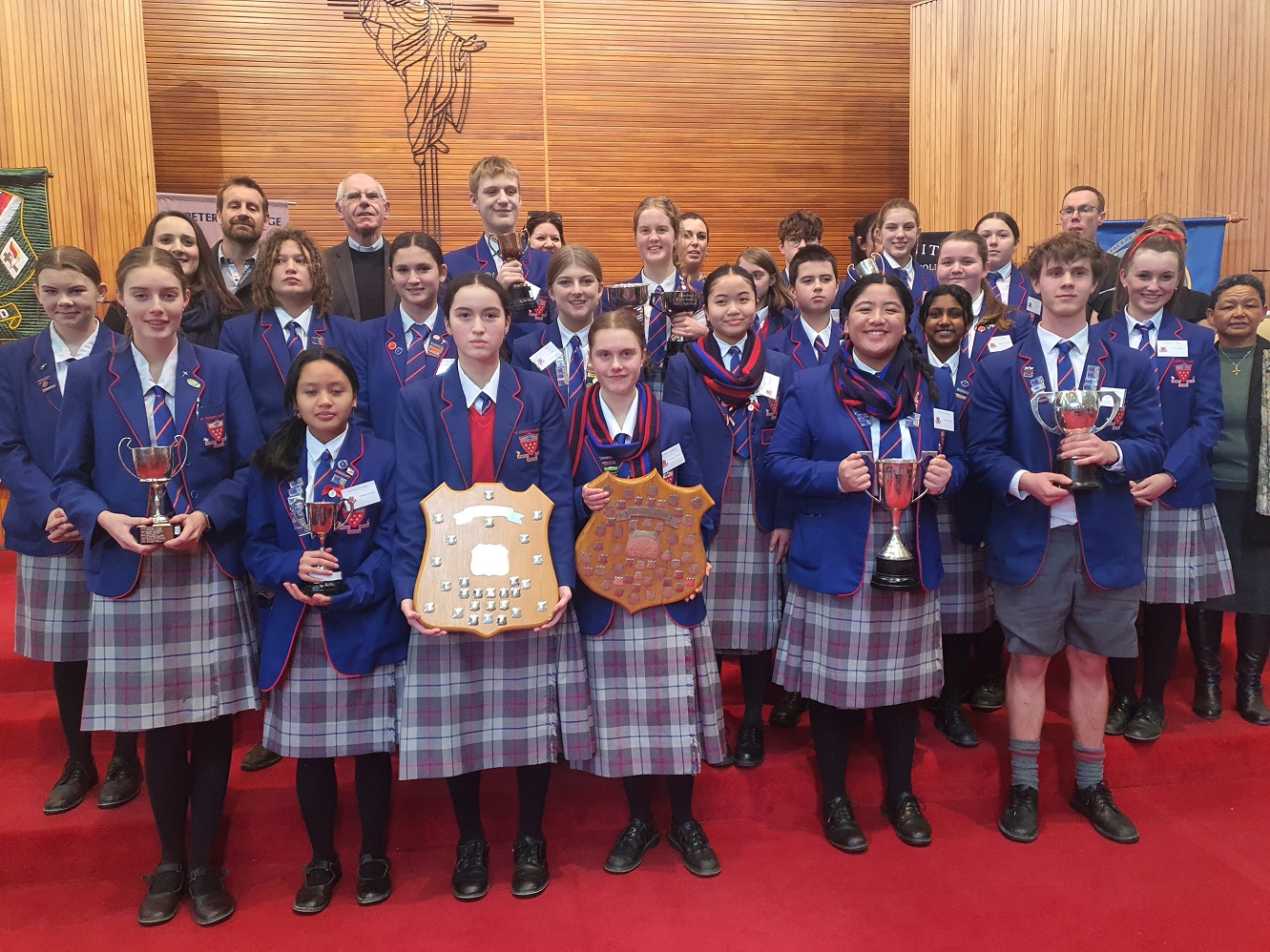 St Peter’s College Bishop’s Shield team celebrate their win at this year’s public speaking...