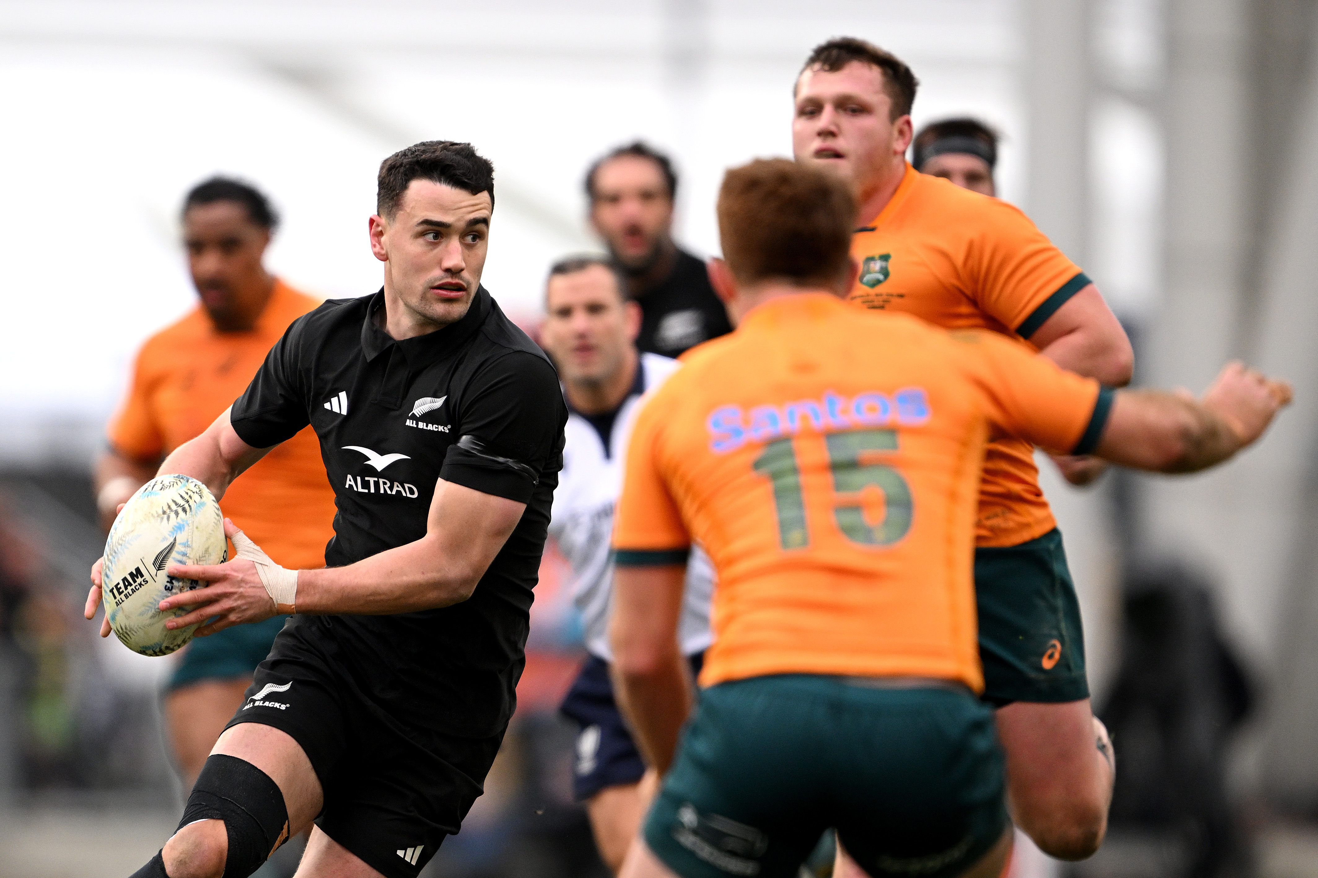 Will Jordan charges forward during today's Bledisloe Cup match against the Wallabies. Photo:...