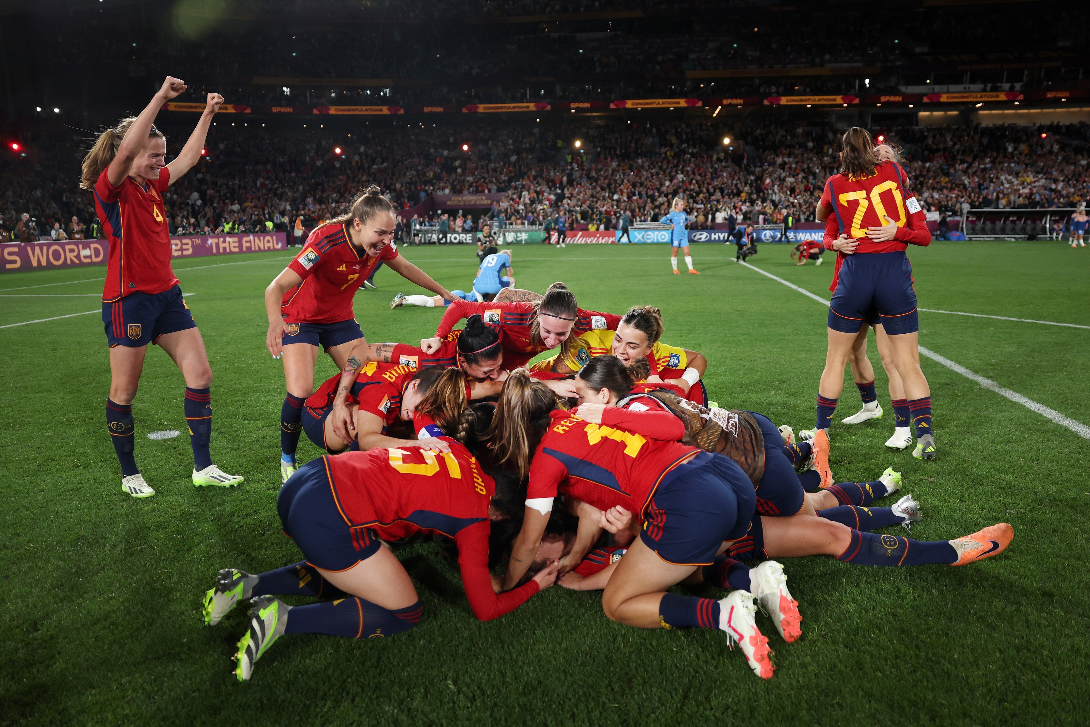 Spanish players celebrate their 1-0 victory over England in the Fifa Women’s World Cup final...