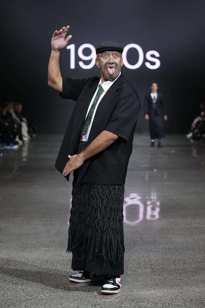 Rawiri Waititi walks the runway during the Kiri Nathan show which opened NZ Fashion Week. Photo:...