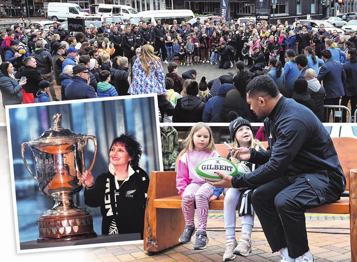 (Clockwise from top) Hundreds of All Black fans gather in the Octagon as the team members are...