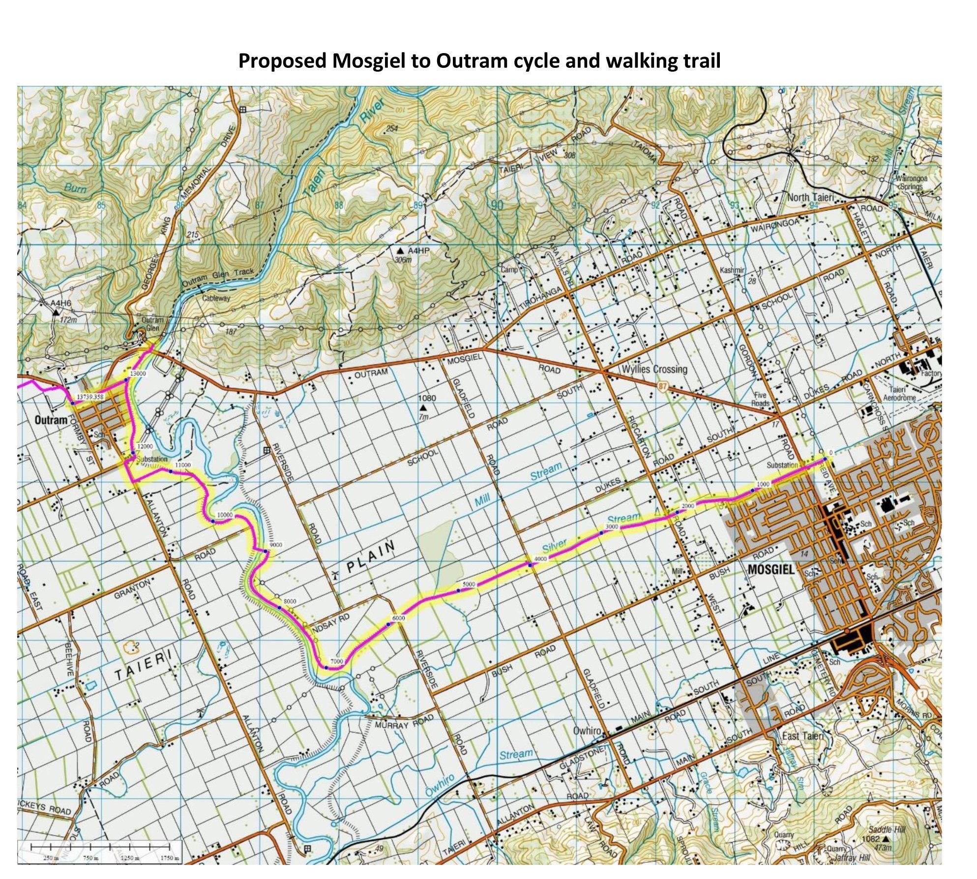 A map that shows the proposed stretch of cycle trail between Mosgiel and Outram. IMAGE: SUPPLIED 
.