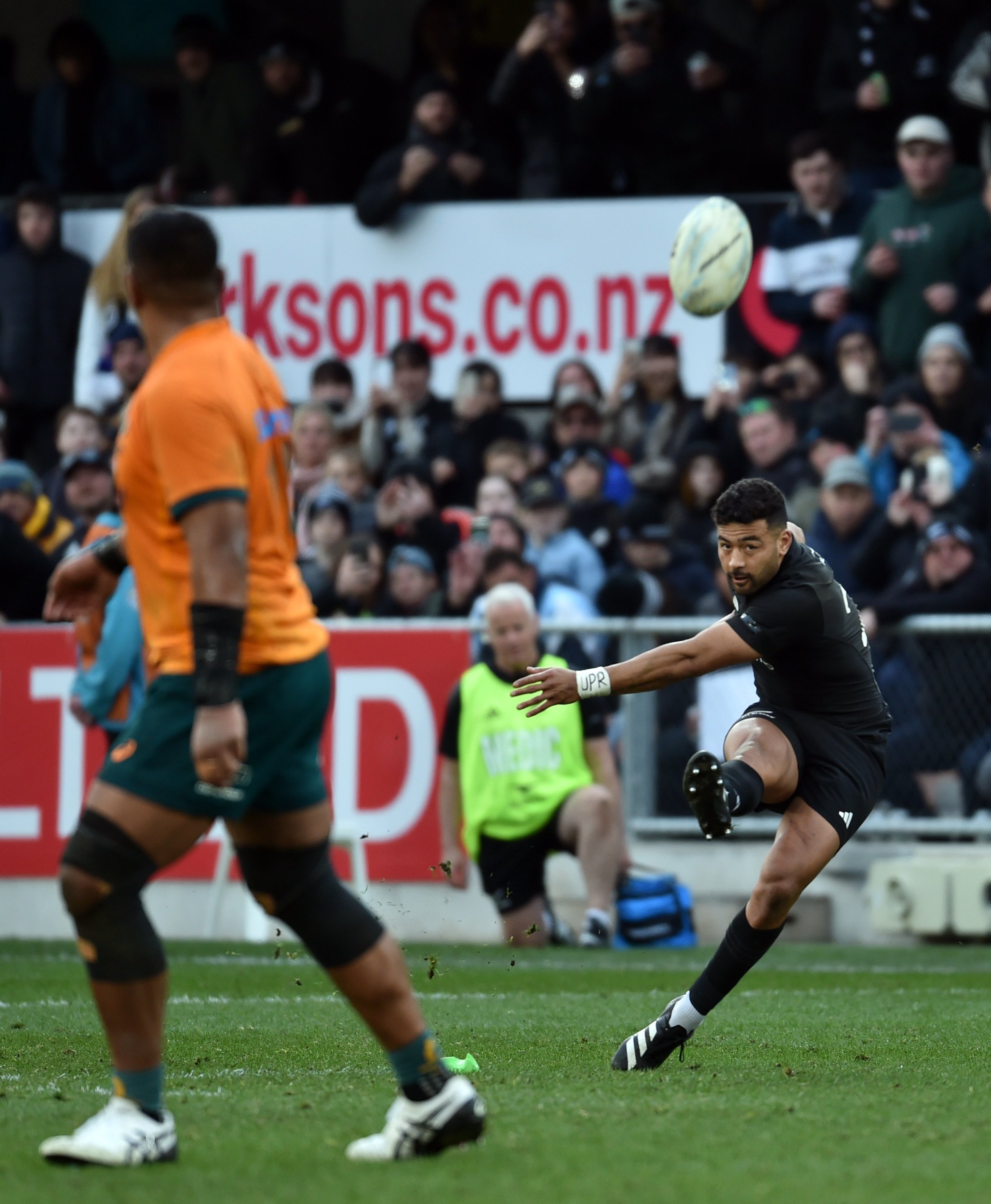 All Blacks first five Richie Mo’unga kicks the winning penalty near the end of the Bledisloe Cup...