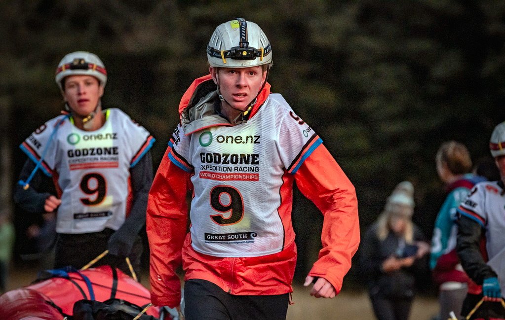 Fynn Mitchell (front), 18, of Lumsden, competes in Godzone in Fiordland earlier this year,...