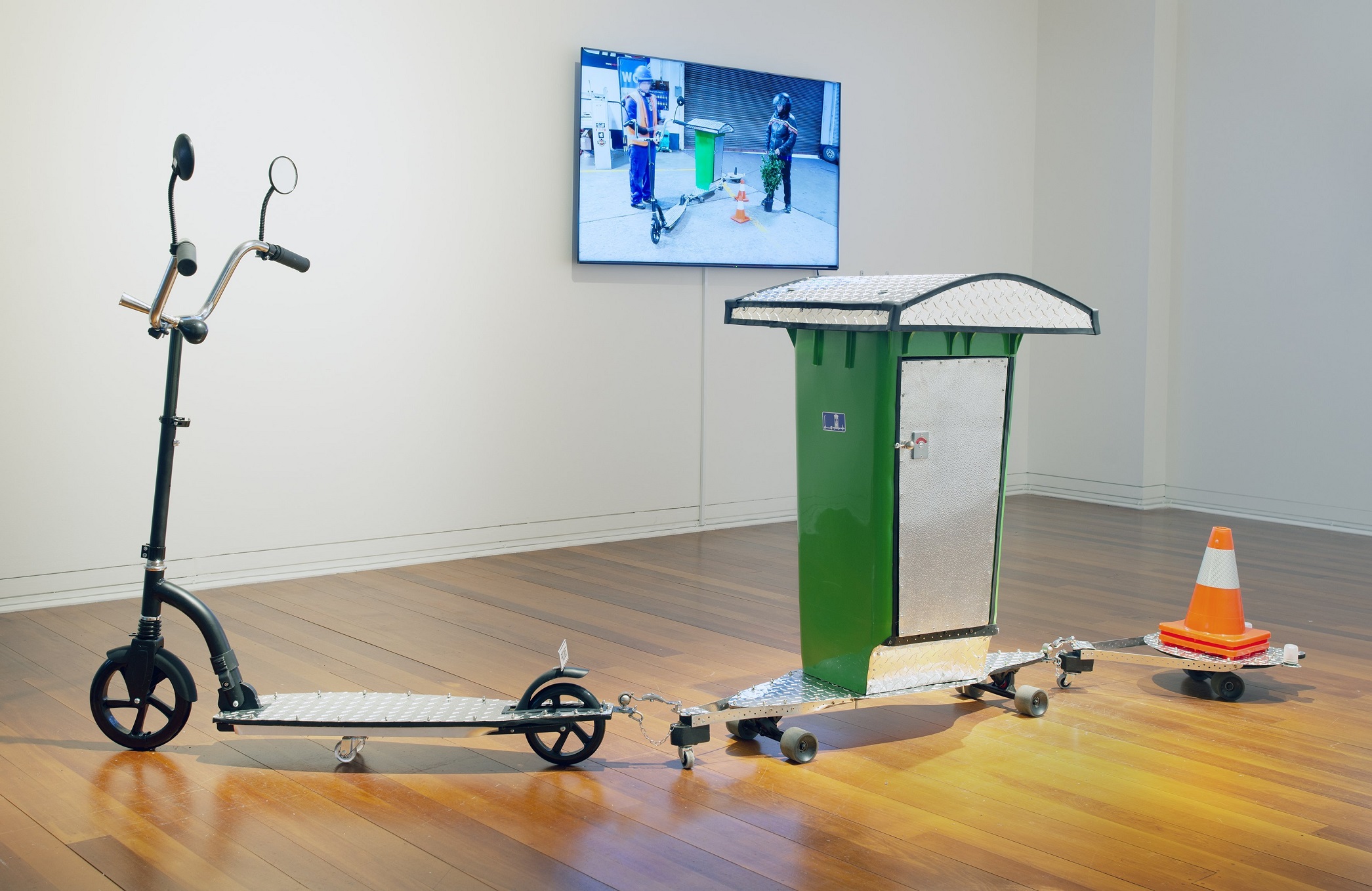 Small Measures, Certify (installation view), 2023. In foreground Precious, 2023, scooter and...