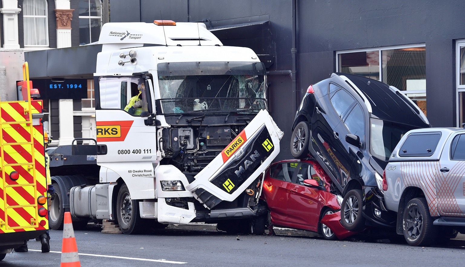 The truck and trailer unit in Police St, where it came to rest after moving through three...