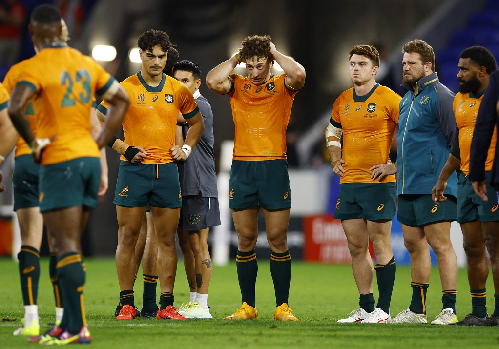 Wallabies players react after their loss to Wales at the World Cup. Photo: Reuters