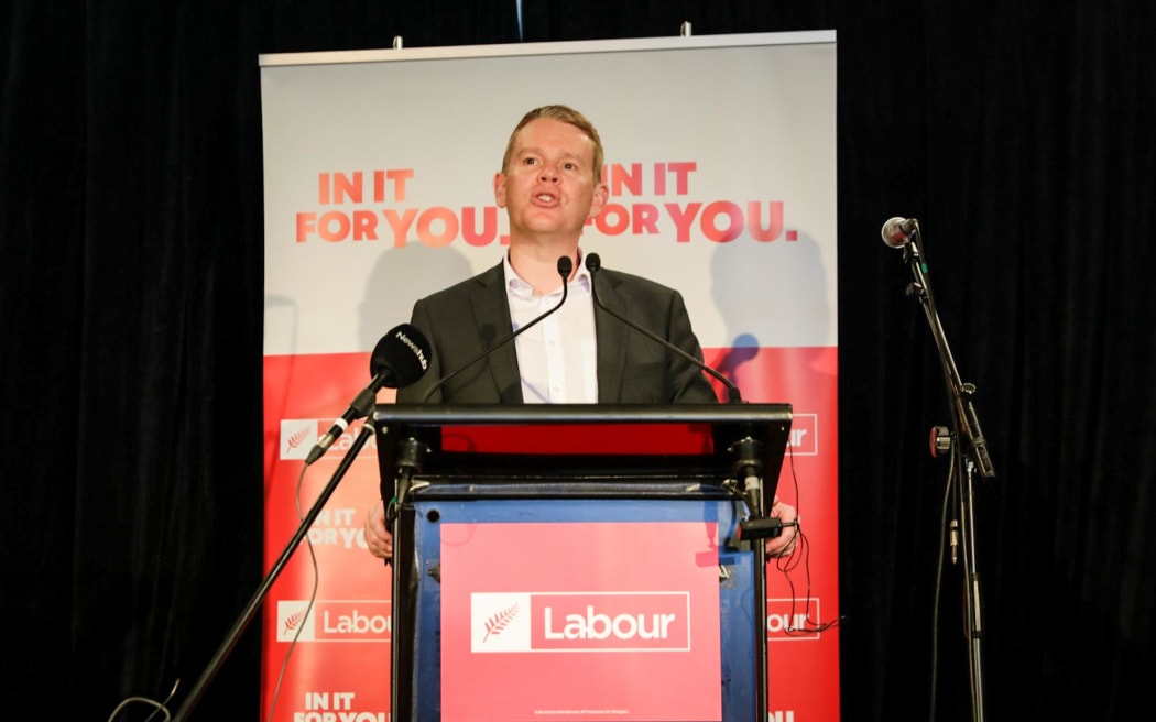 Chris Hipkins speaking to the rally in New Brighton on Sunday. Photo: RNZ/Nathan McKinnon