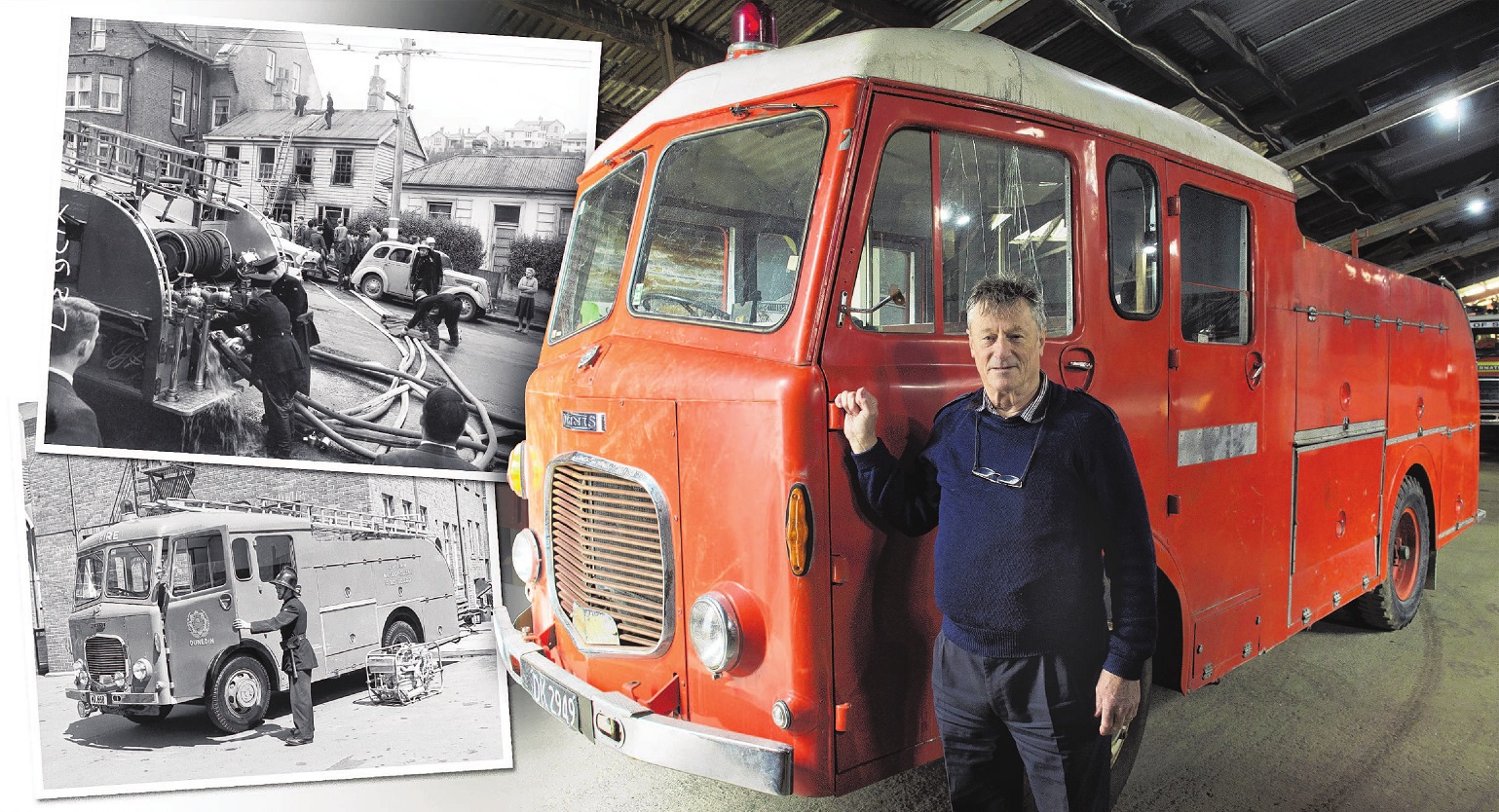 Retired firefighter Errol Thompson stands in front of Truck 32, the appliance he started his...