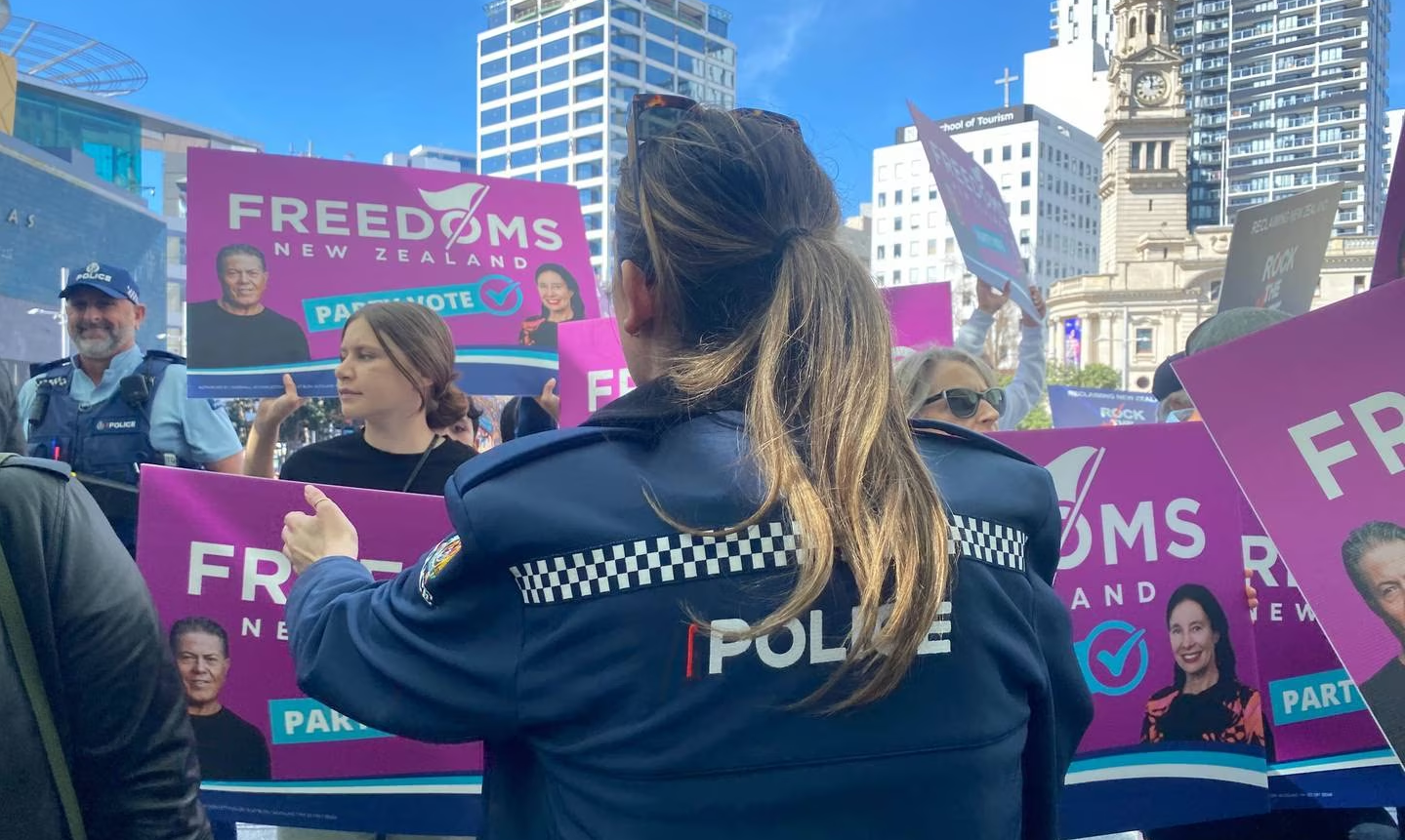 Police were called after Freedoms NZ protesters tried to stop people entering Aotea Centre for...