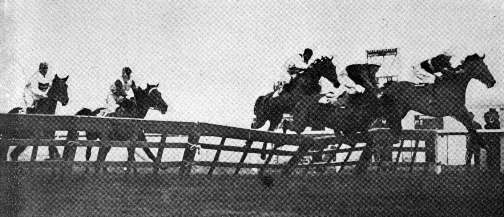 Cartoon leads in the Hunters' Hurdle Handicap, followed by Vincent, which fell, injuring rider C....