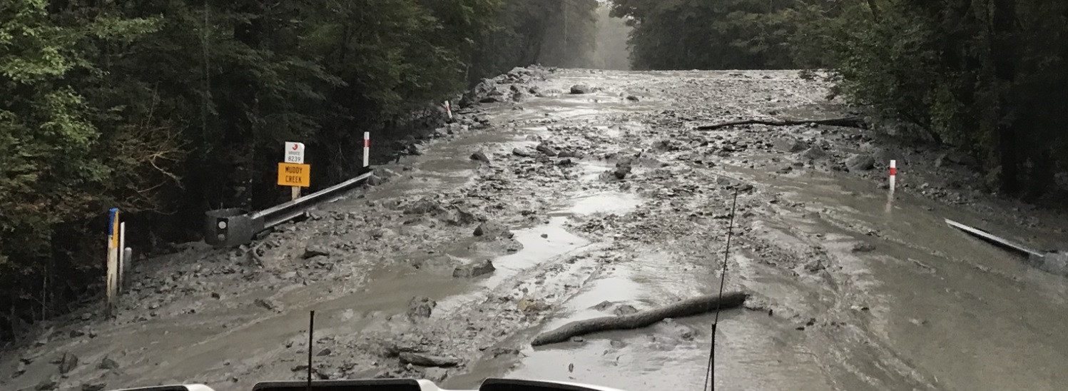 The slip which has closed State Highway 6 north of Makarora at Muddy Creek. Photo: Waka Kotahi