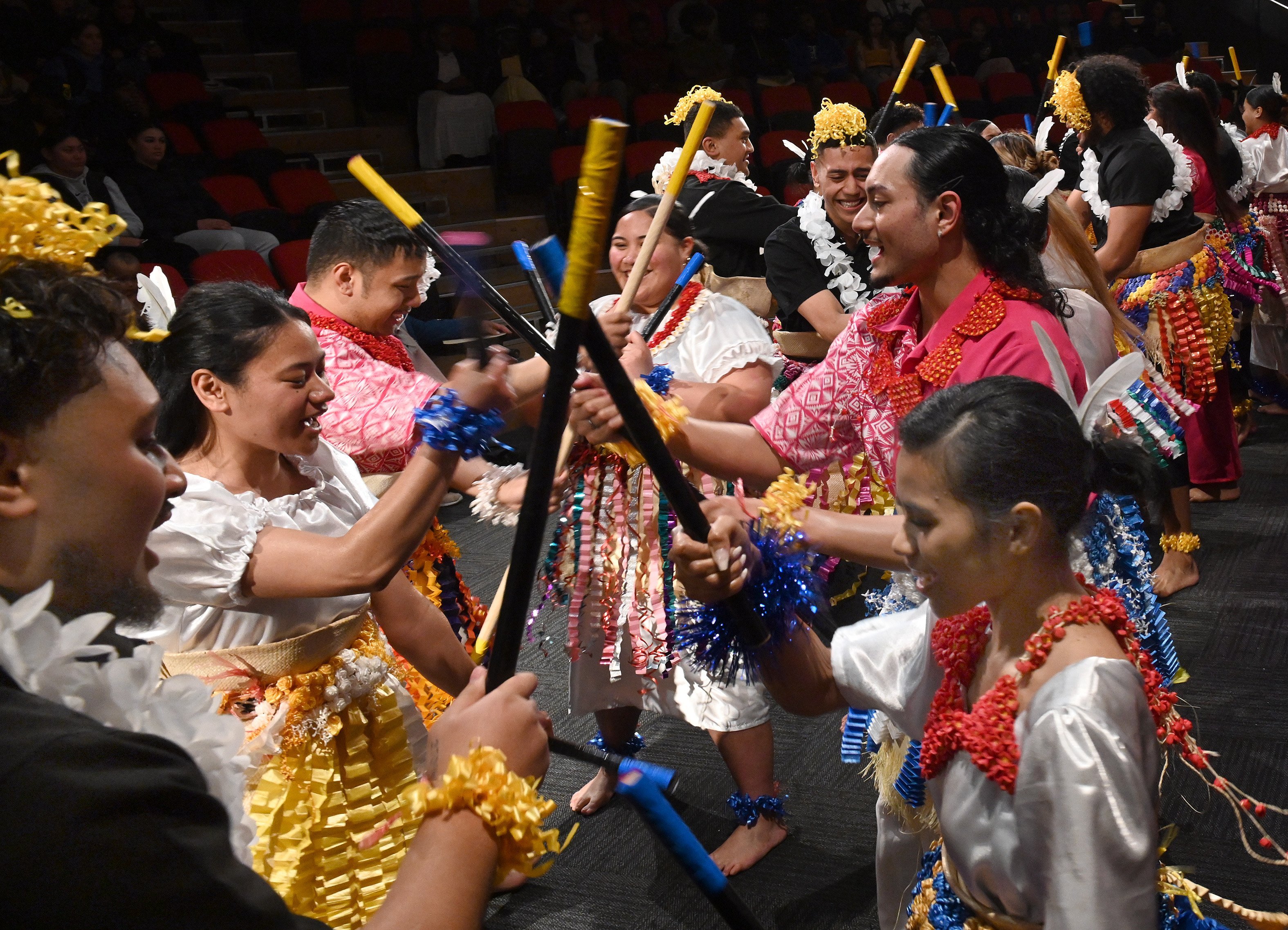 Members of the Otago Tongan Students’ Association perform a sōkē (stick dance) at Te Runga Faiva...